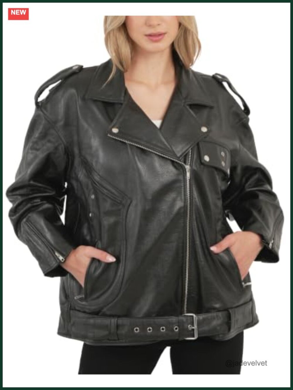 Lambskin Leather Biker Moto Jacket Oversized Zip Belted